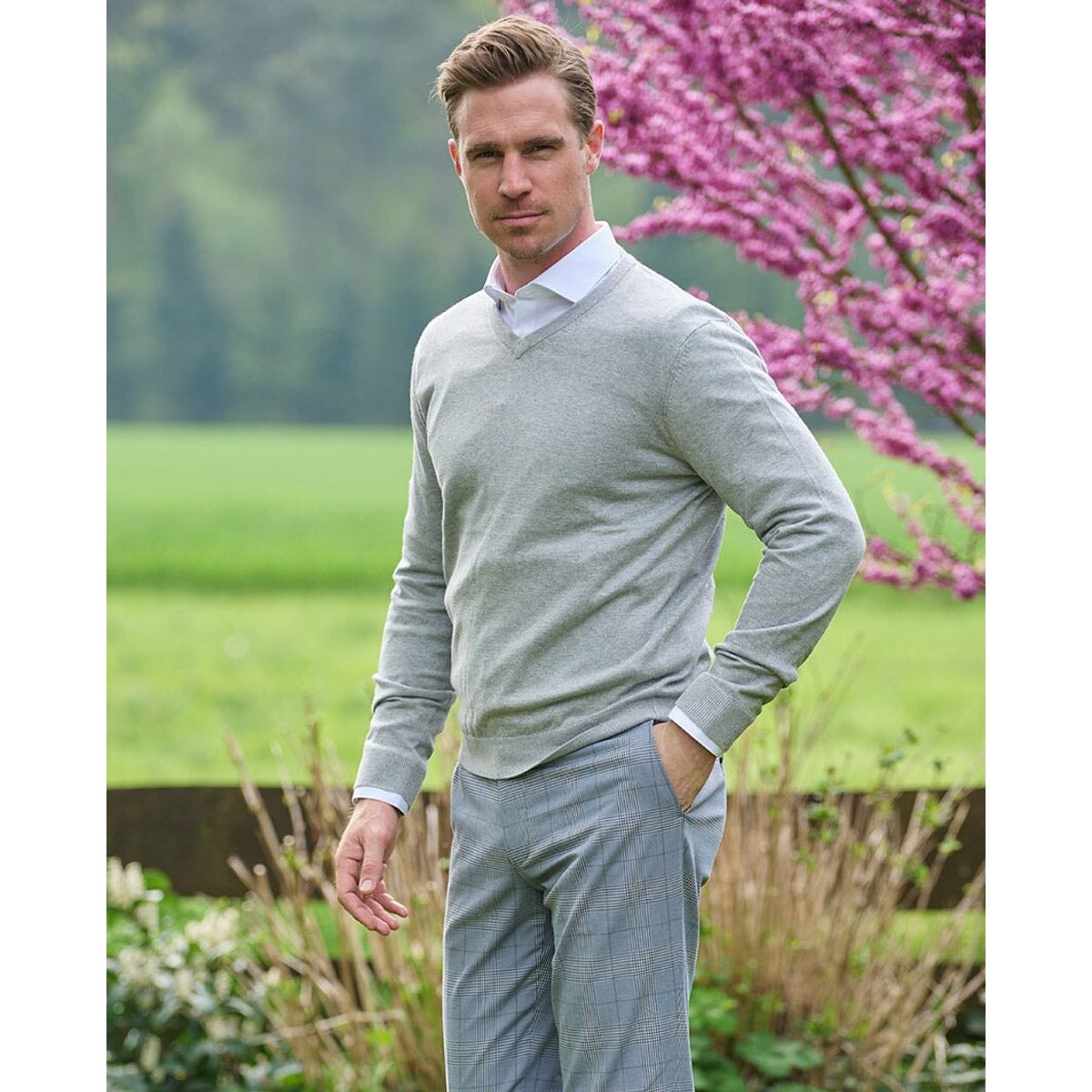 Tommy pullover modern fit, V-hals, bomuld, lys grå - S