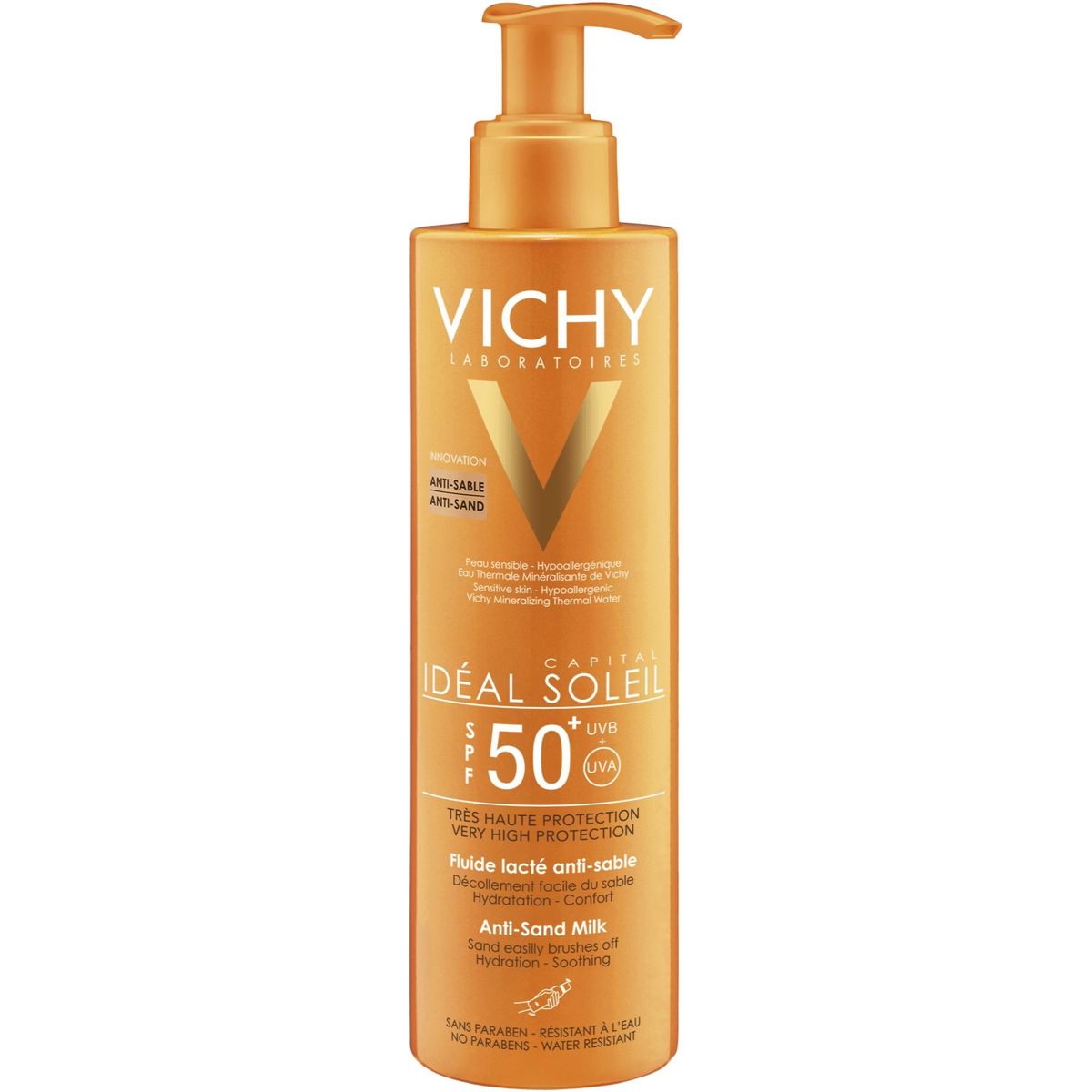 Vichy NYHED Idéal Soleil Anti-Sand Milk til ansigt/krop SPF 50+ Flaske m/ pumpe 200ml