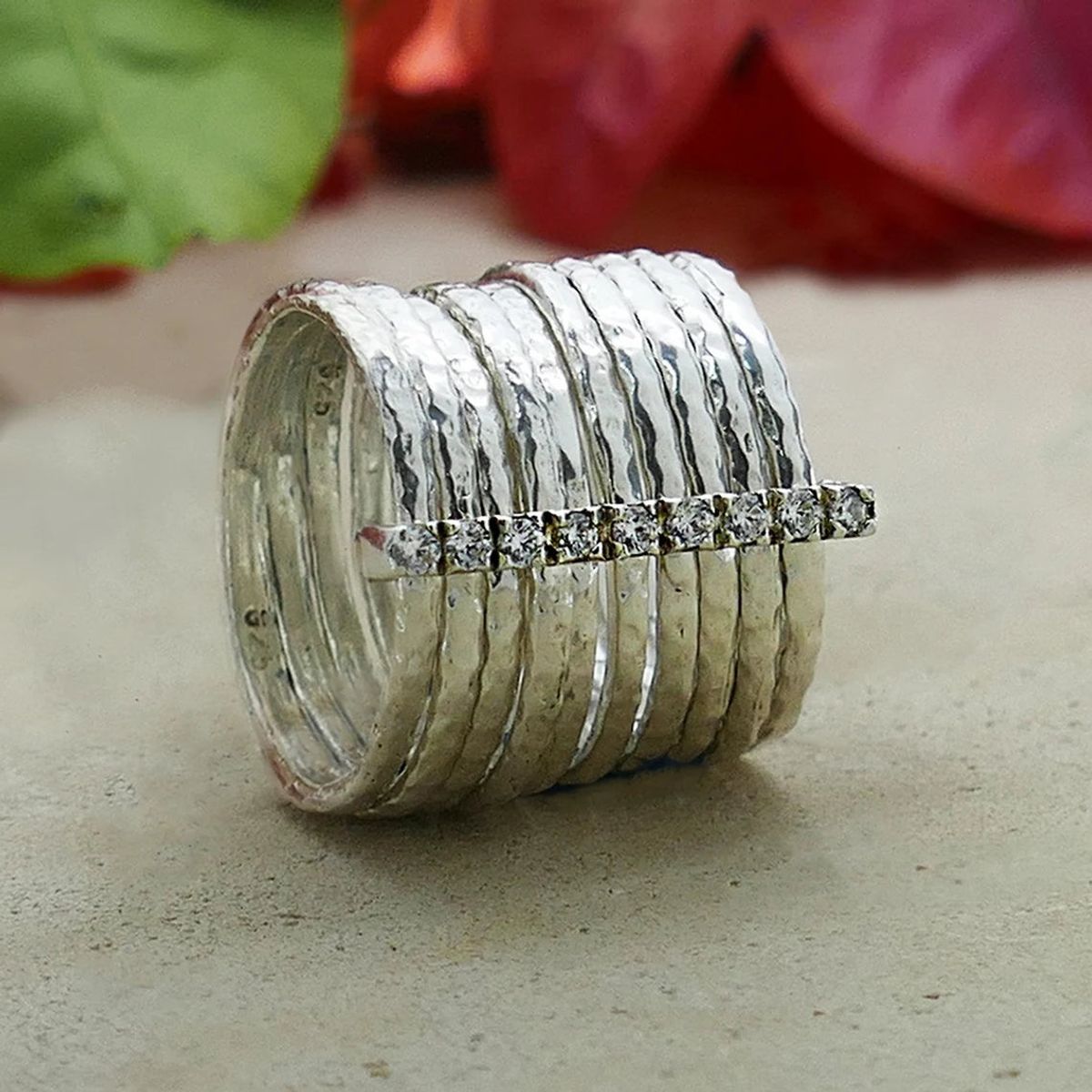 10 stack ringe i sølv med Cubic Zirconia, 56