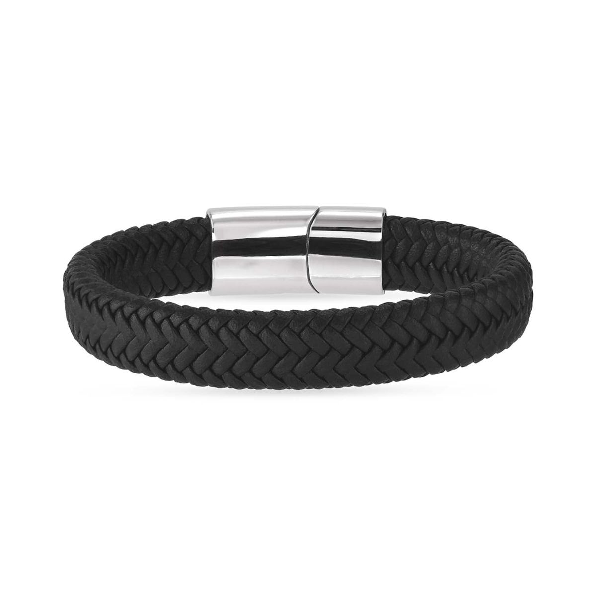 Vibholm Men - Sort fletter læderarmbånd, 19 cm- Rustfrit stål