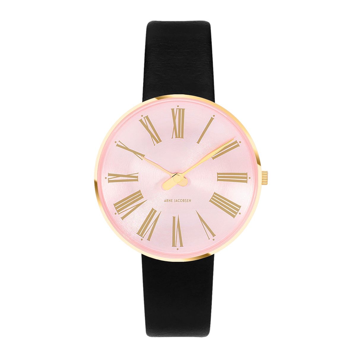 Arne Jacobsen - Roman Orchid Pink ur, 34 mm guld IP/sort læderrem Rustfrit stål