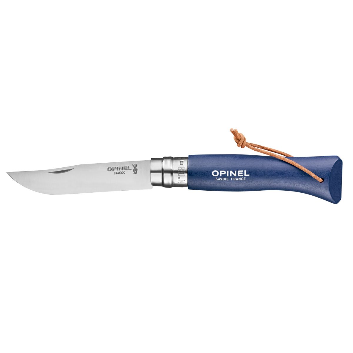 Opinel N°8 stainless 8,5 cm. m. læderstrop, Dark Blue