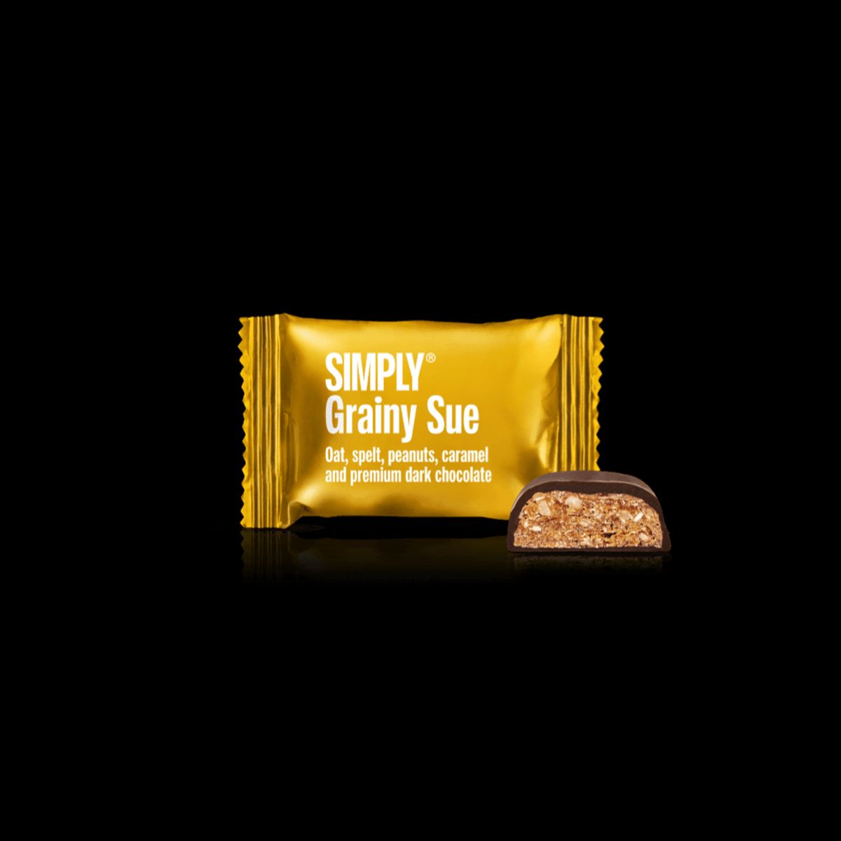 Simply® Grainy Sue - 75 Bites | Havre, spelt, karamel, peanuts og premium mørk chokolade