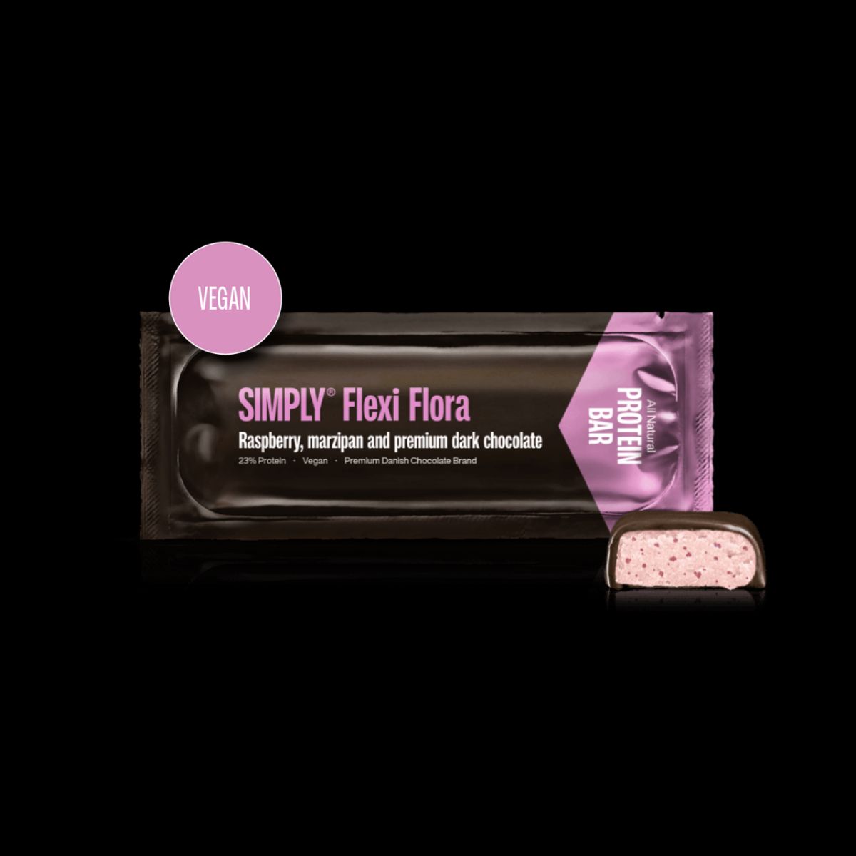 Simply® Flexi Flora Proteinbar | Hindbær, marcipan og premium mørk chokolade