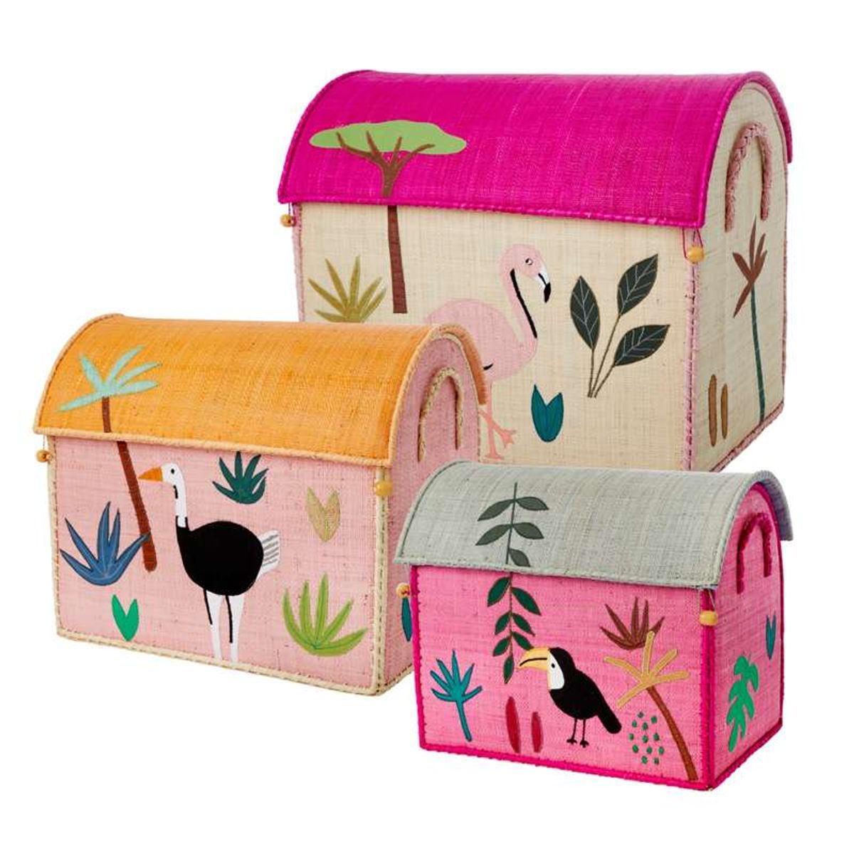 RICE Raffia Opbevaringshuse - Jungle Animals - Pink - 3 stk.