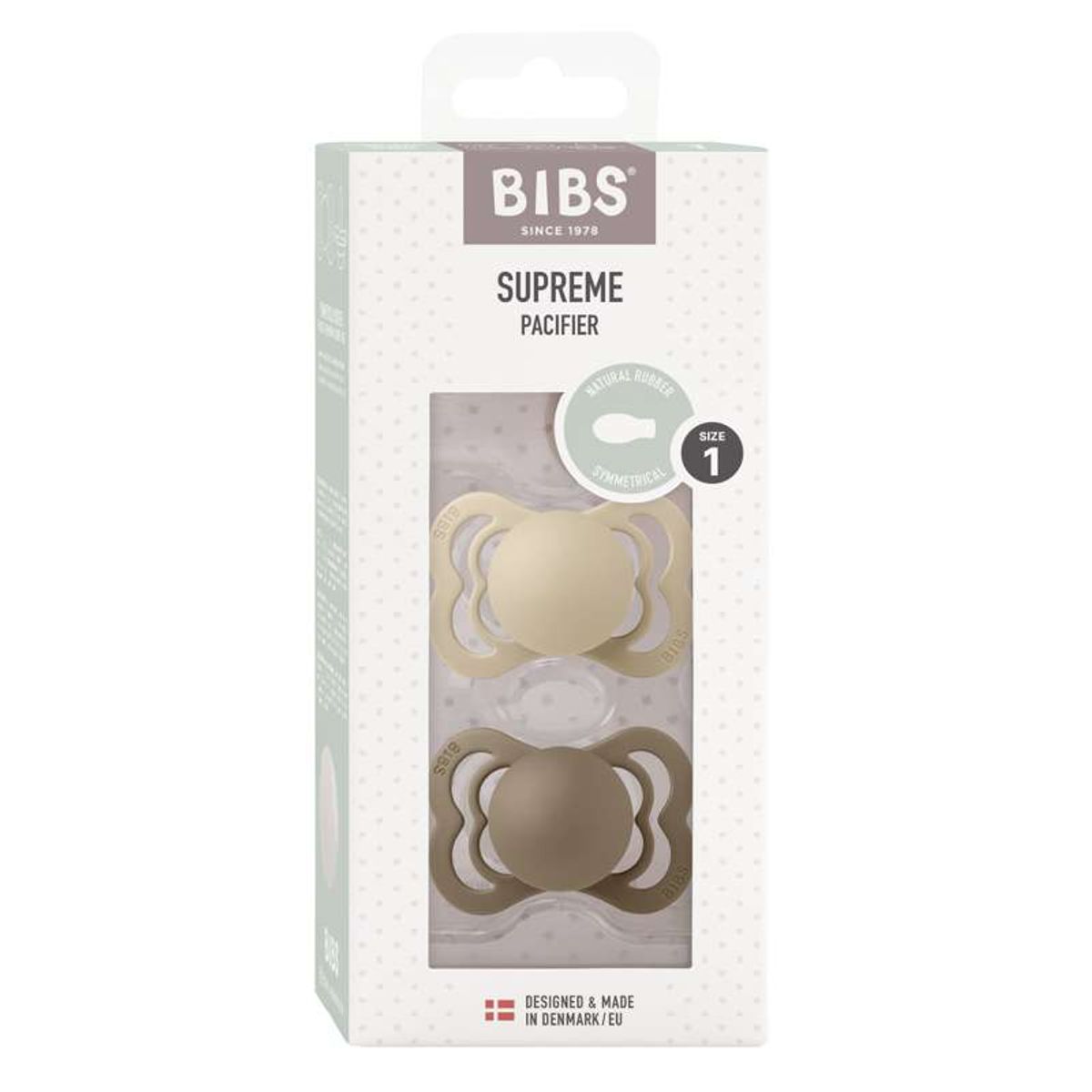 BIBS Symmetrisk Supreme Sut - 2-Pak - Str. 1 - Naturgummi - Vanilla/Dark Oak