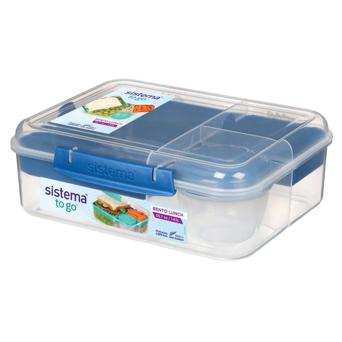 Sistema Bento Madkasse - Ruminddelt med Bæger - 1,65L - Klar/Ocean Blue