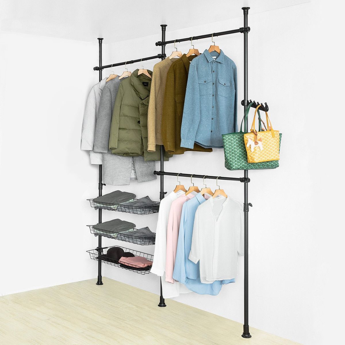 Walk-in closet, teleskopstativ, tøjstativ, garderobe, sort