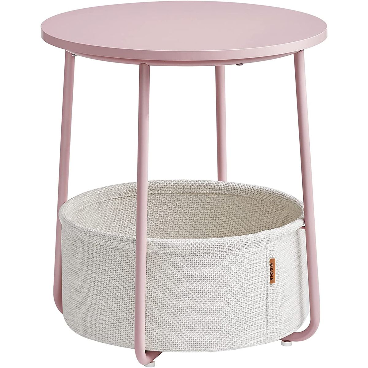 Rundt sidebord med stofkurv, pastelrosa/skyhvid