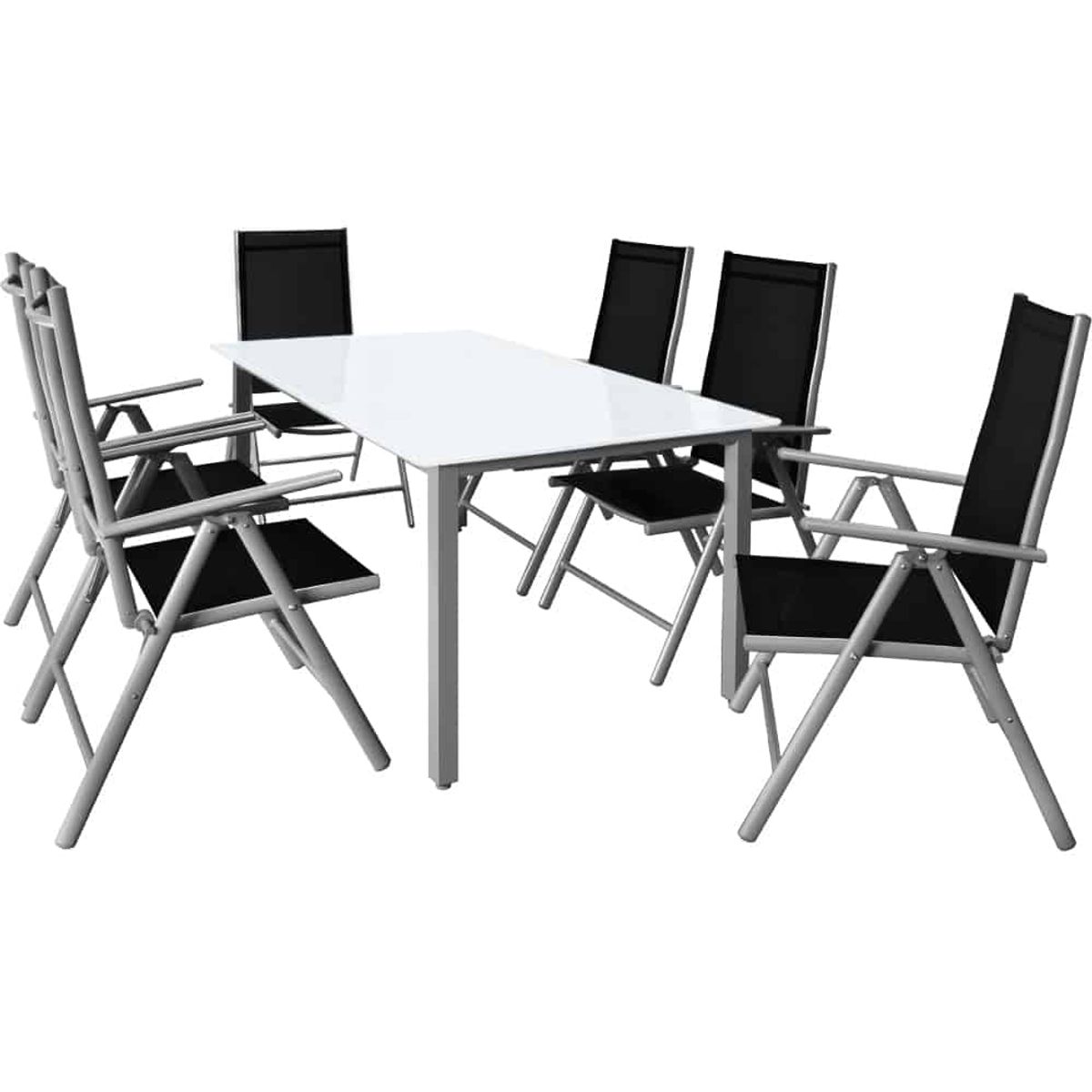 6 + 1 sæt Alu Bern Foldestole og Havebord 150x90cm, Farve: sølv