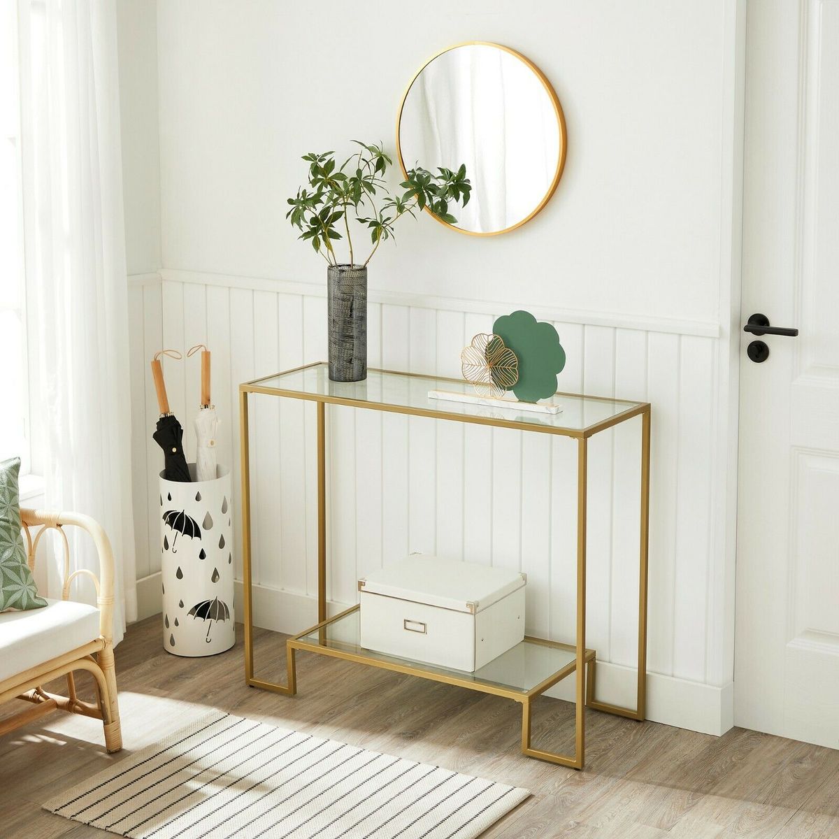 Konsolbord i glas med guldfarvet ramme, art deco-look