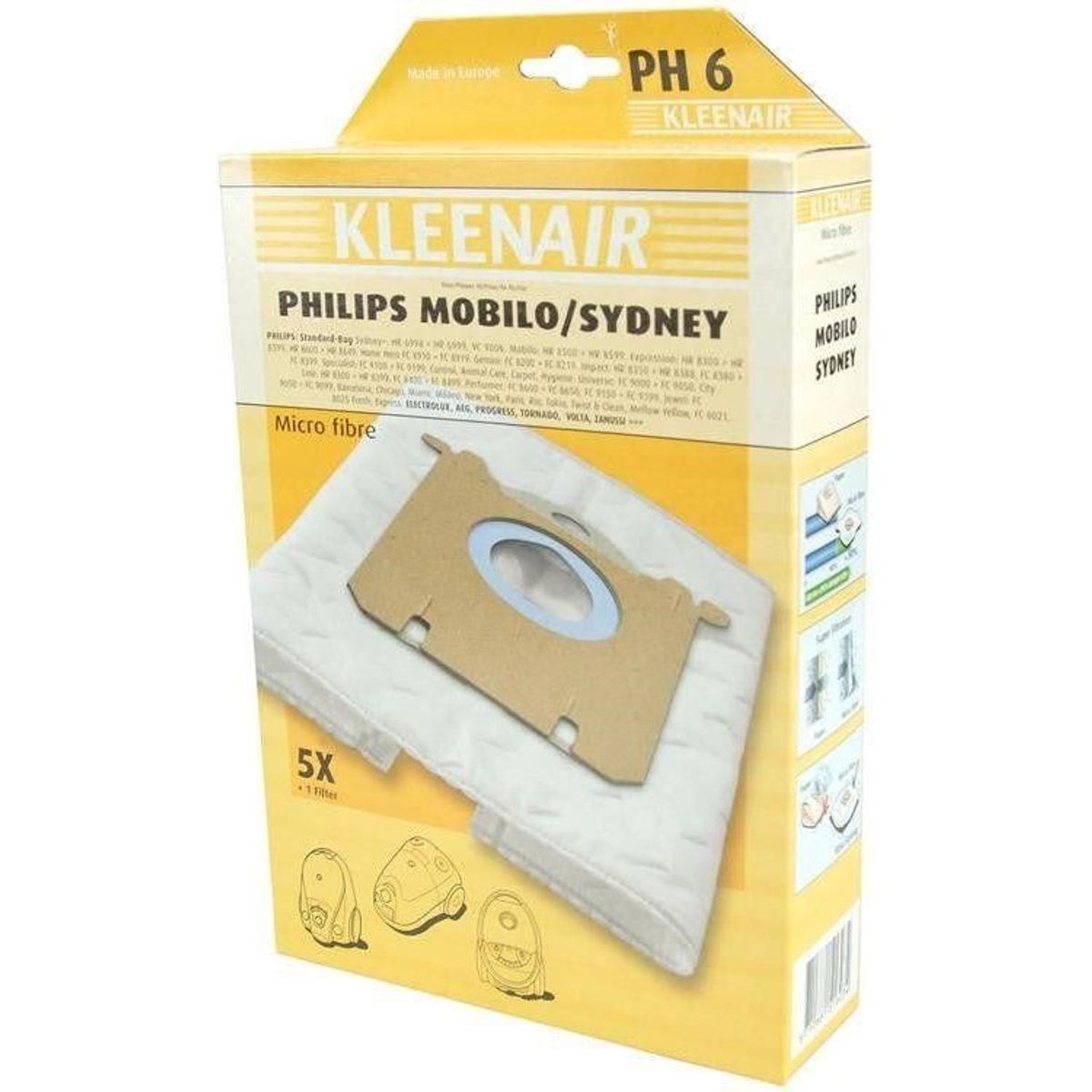 Kleenair PH6 støvsugerpose Nilfisk Philips Sydney 5 poser + 1 stk microfilter