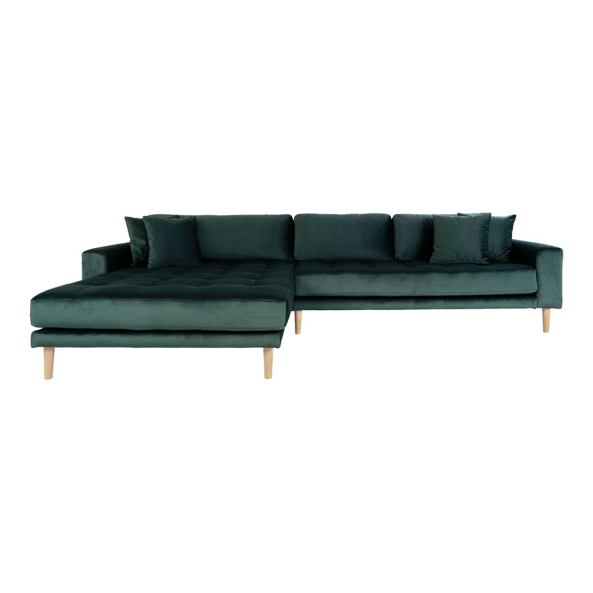 Lido Lounge Sofa - Lounge Sofa, venstrevendt i mørkegrøn velour med fire puder og natur træben, HN1006 - Grøn