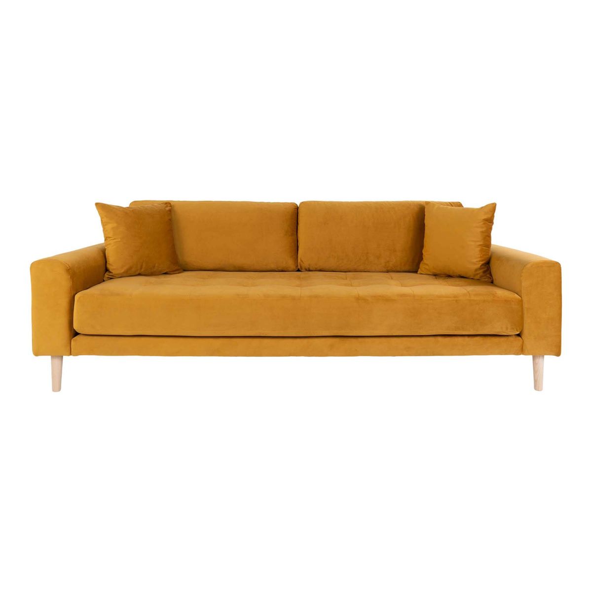 Lido 3 Personers Sofa - 3 Personers Sofa, sennepsgul velour med to puder og natur træben, HN1004 - Sennepsgul