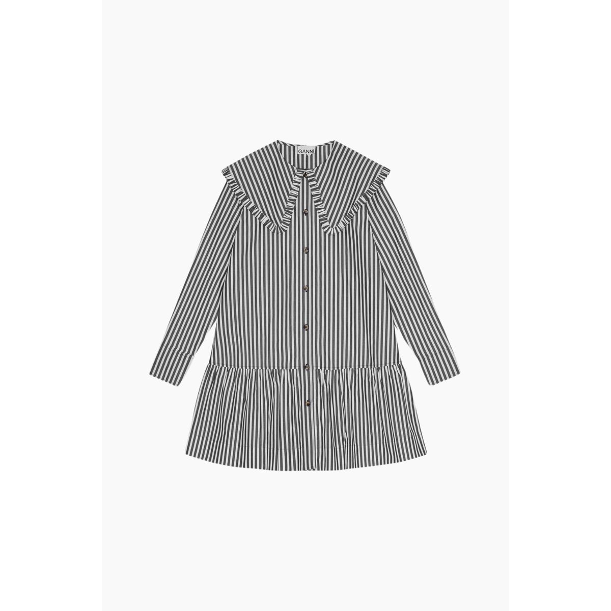 Stripe Cotton Big Collar Mini Shirt Dress W0098 - Black - GANNI - Stribet L