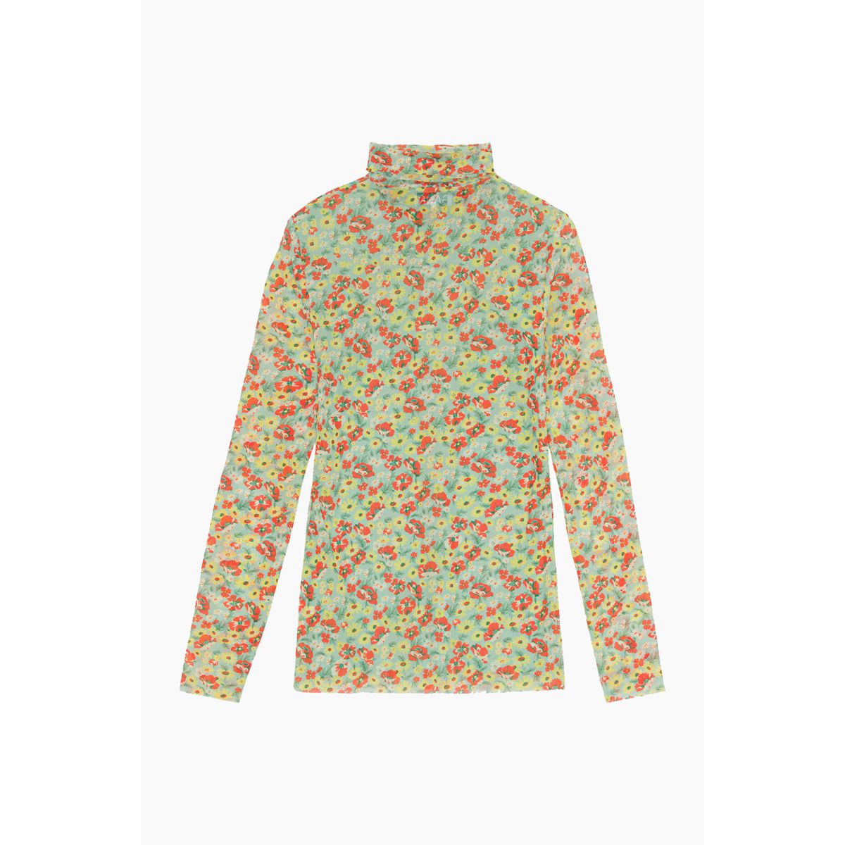 Printed Mesh Long Sleeve Fitted Rollneck - Meadow Celadon Green - GANNI - Grøn XS