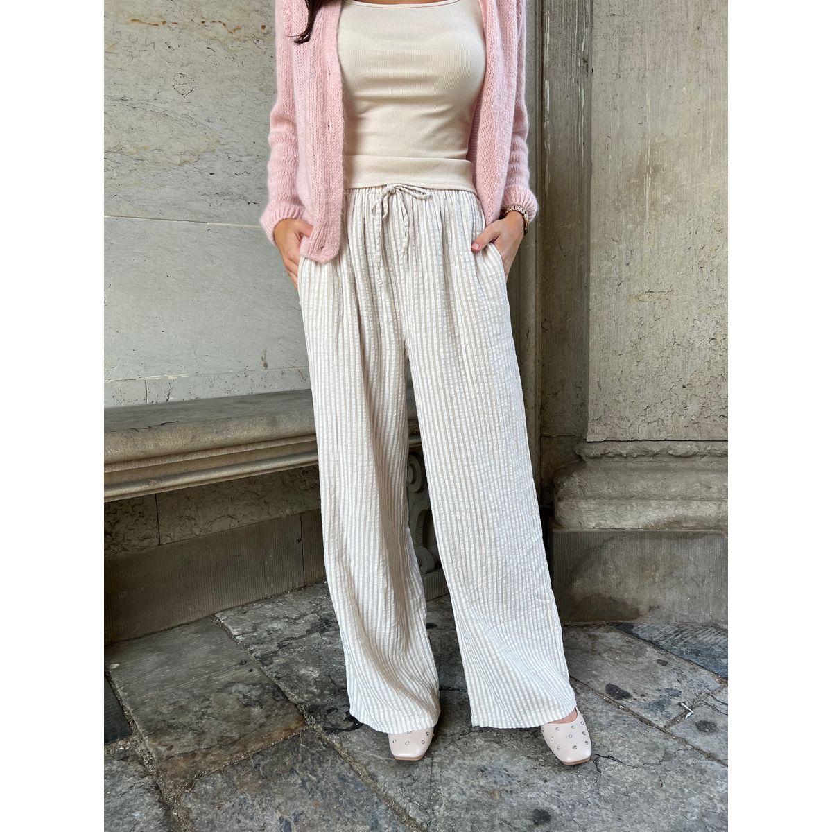 Sandy beige - Striped cotton gauze pants