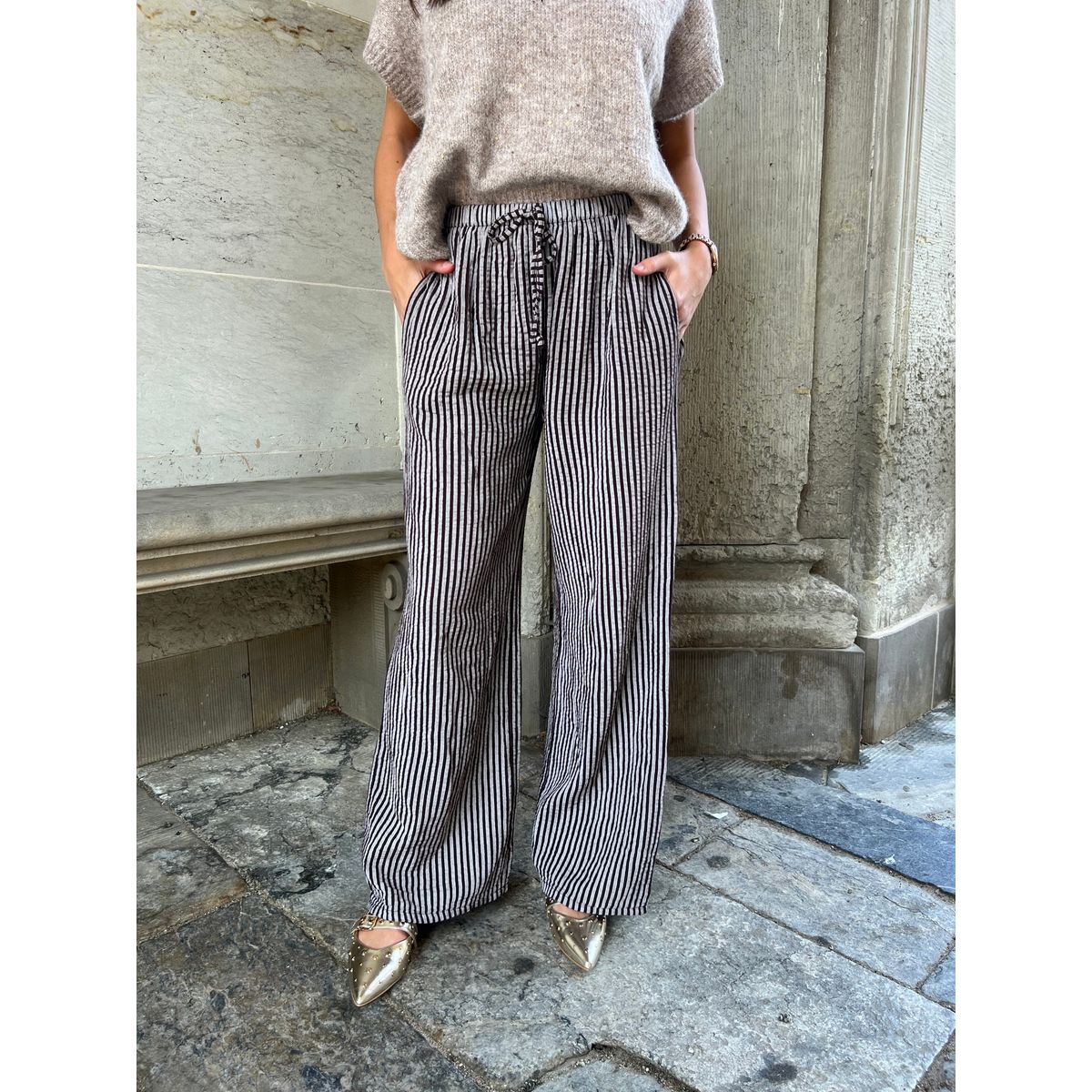 Sandy dark brown - Striped cotton gauze pants