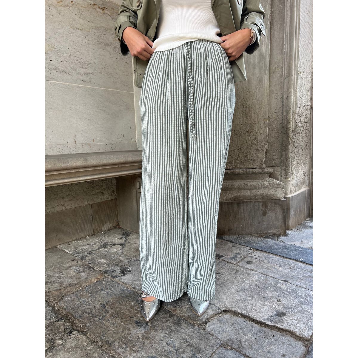 Sandy green- Striped cotton gauze pants