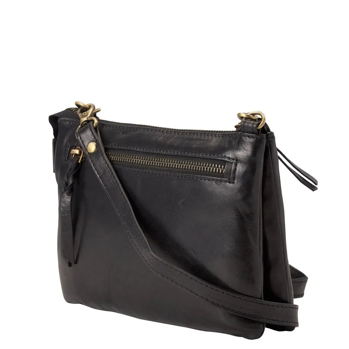 Style Camina i sort. Clutch, crossbody- og skuldertaske i læder med to indvendige hovedrum