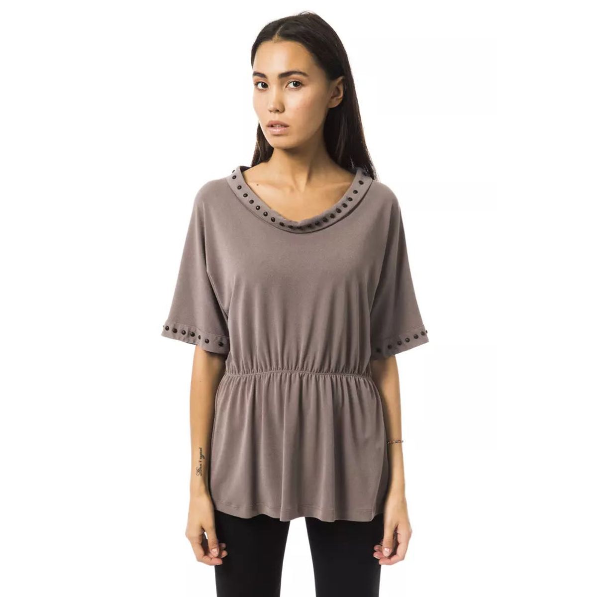 BYBLOS Elegant Gray Open Round Neck Tee