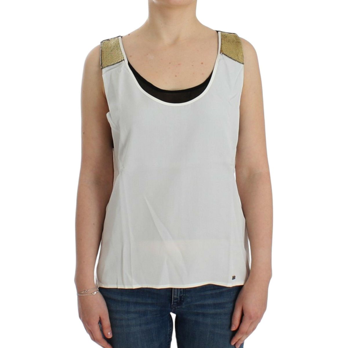 Costume National Elegant Monochrome Sleeveless Top with Gold Accents