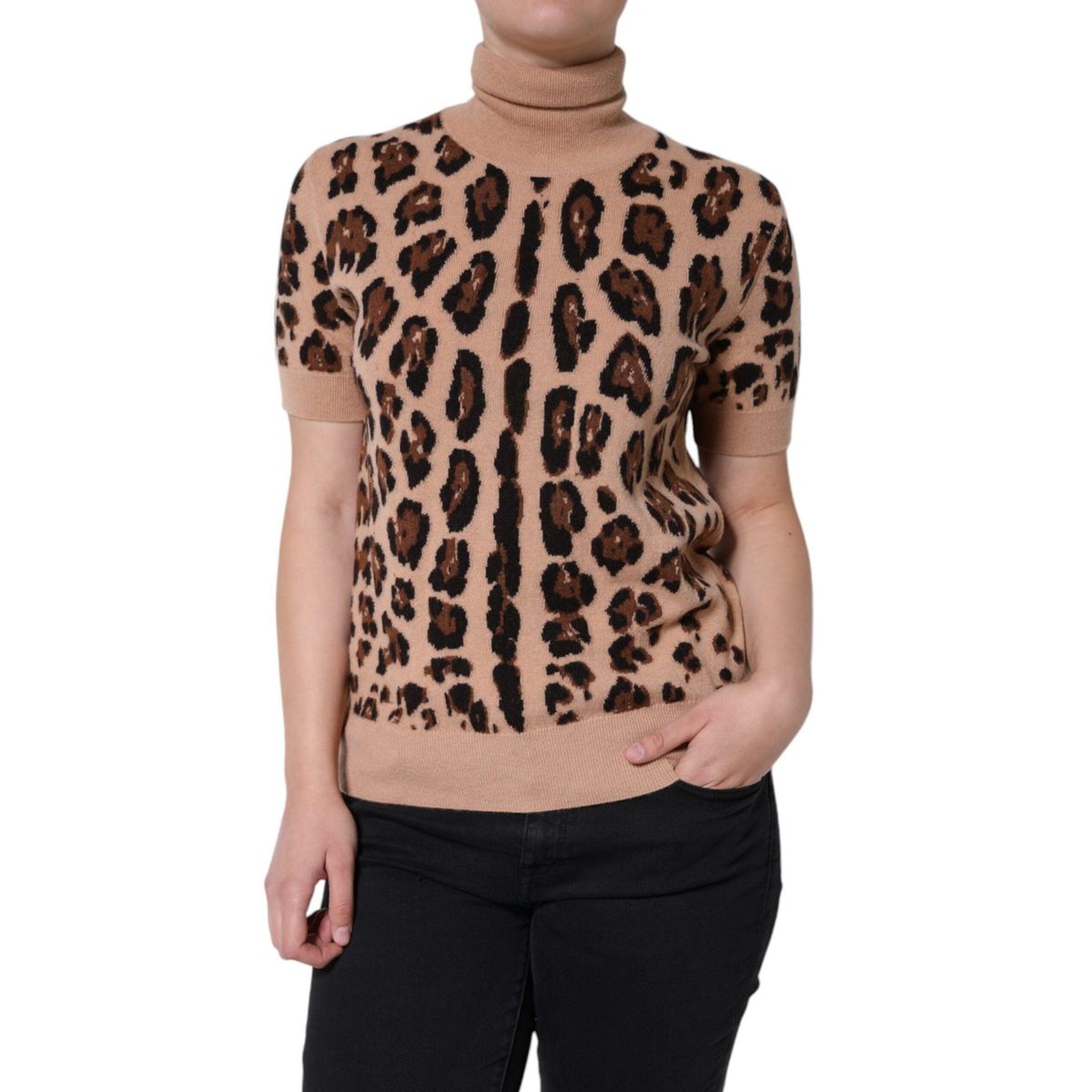 Dolce & Gabbana Beige Leopard Print Wool Turtleneck Top