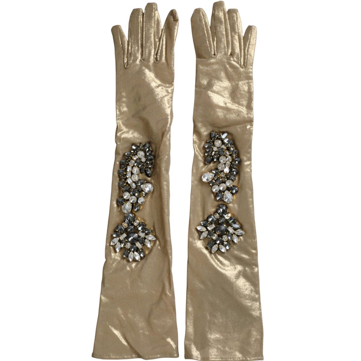 Dolce & Gabbana Beige Satin Crystal Elbow Length Gloves