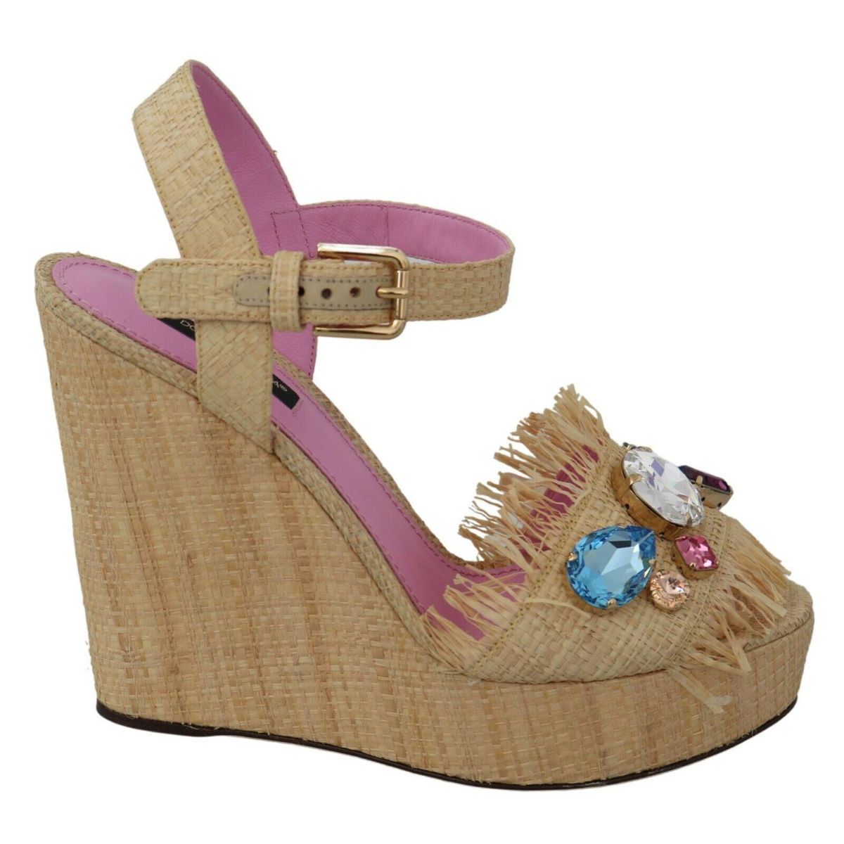 Dolce & Gabbana Beige Silk Strap Wedge Sandals