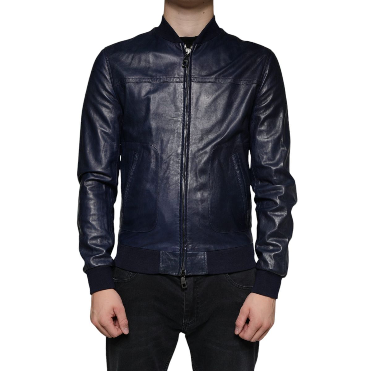 Dolce & Gabbana Blue Lambskin Leather Full Zip Biker Jacket