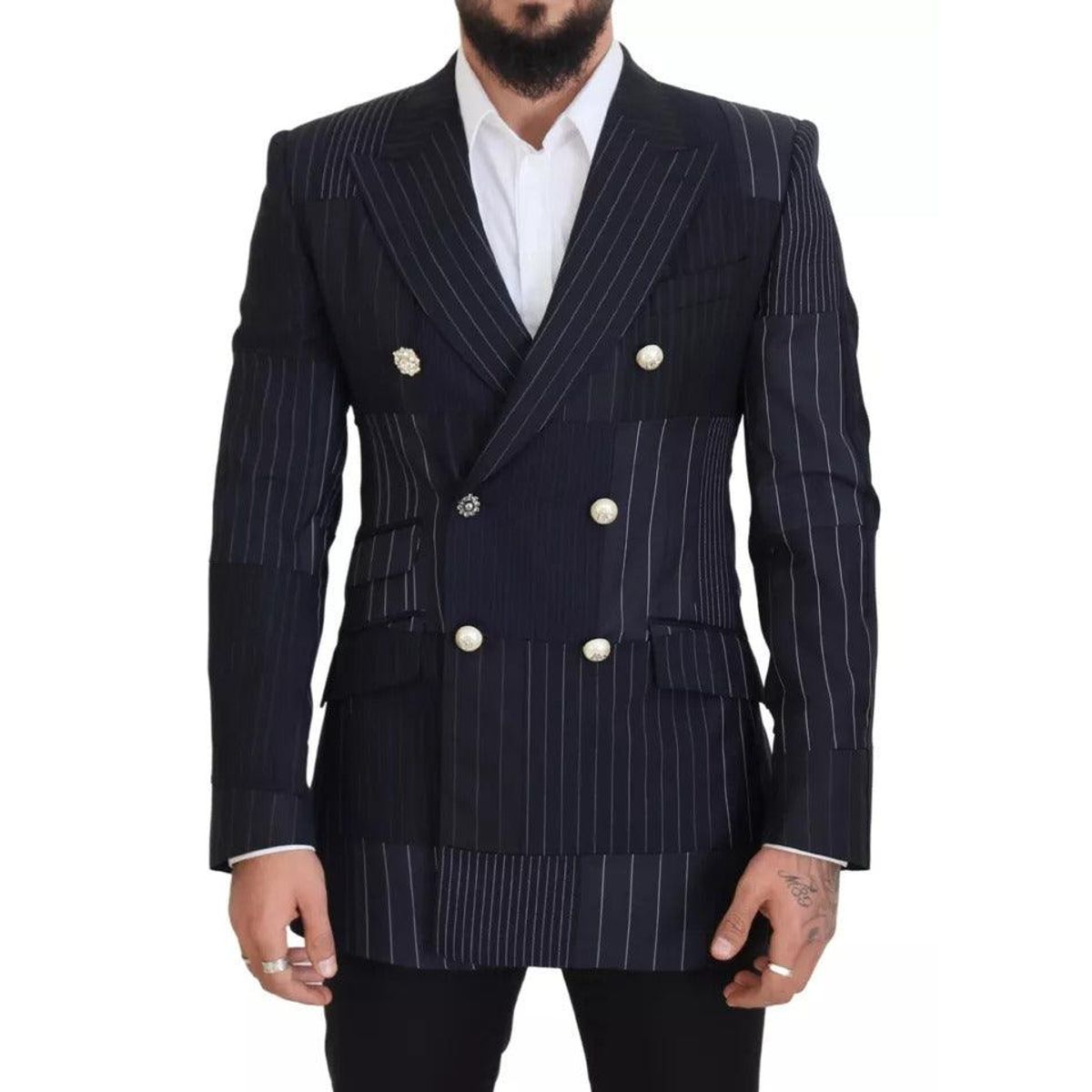 Dolce & Gabbana Blue Wool Patchwork Double Breasted Blazer