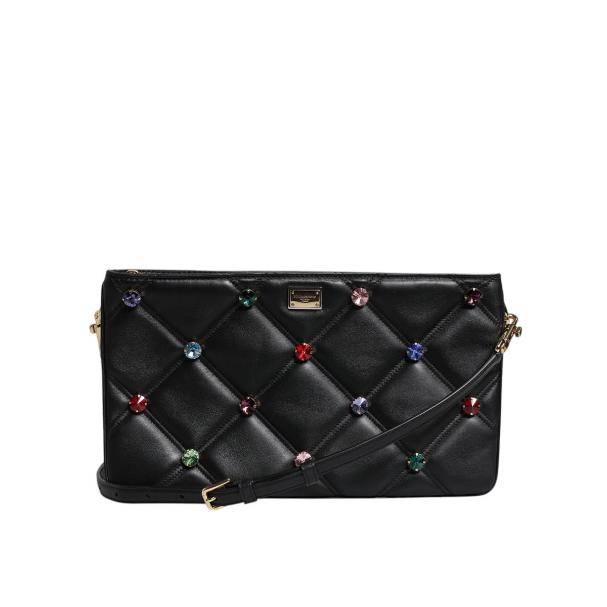 Dolce & Gabbana Black Leather Crystal Embellished Logo Shoulder Bag