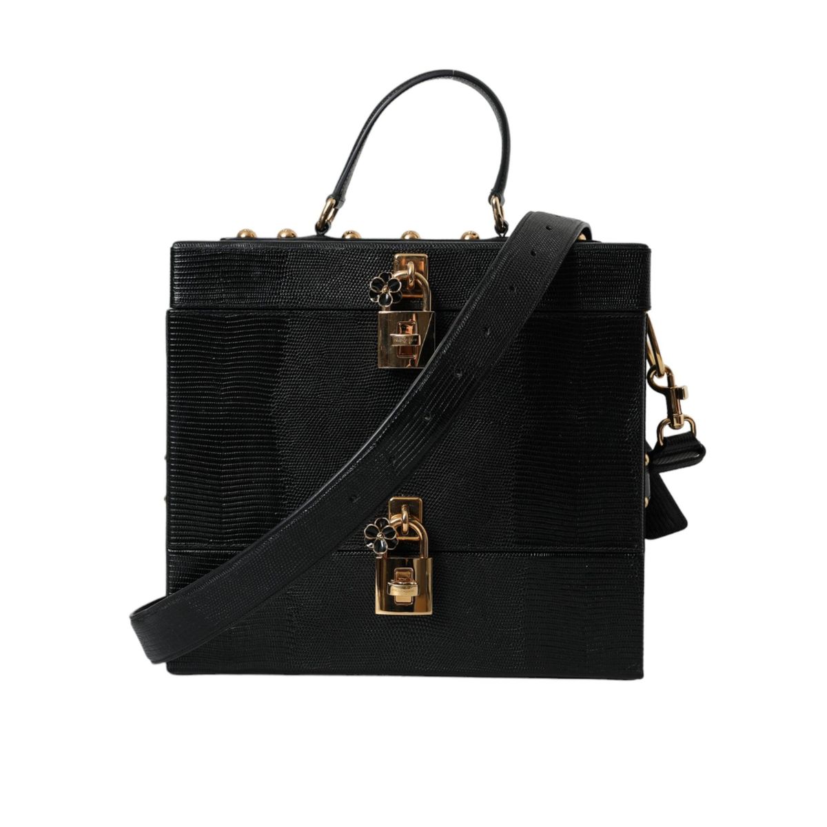 Dolce & Gabbana Black Lizard Embossed Calfskin Leather Double Box Bag