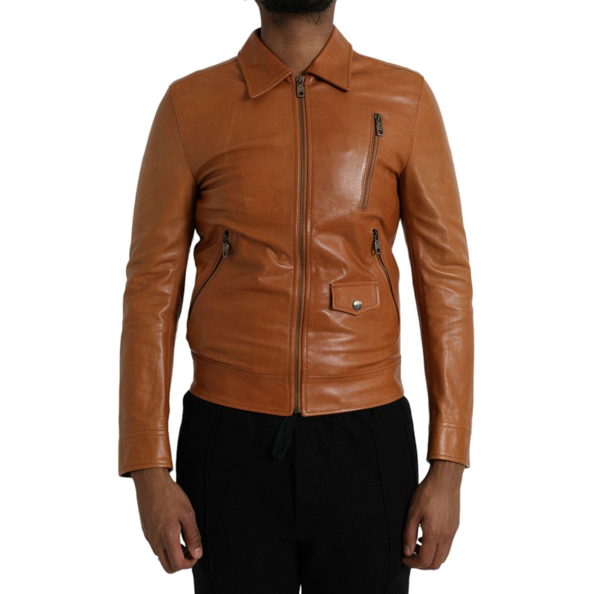 Dolce & Gabbana Brown Lamb Leather Full Zip Blouson Jacket