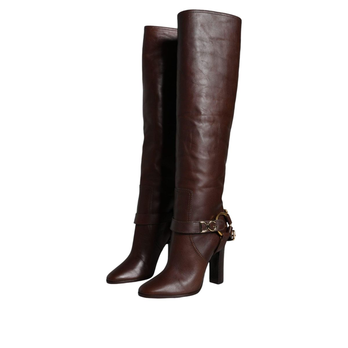 Dolce & Gabbana Brown Leather Gold Tone Logo High Boots Shoes