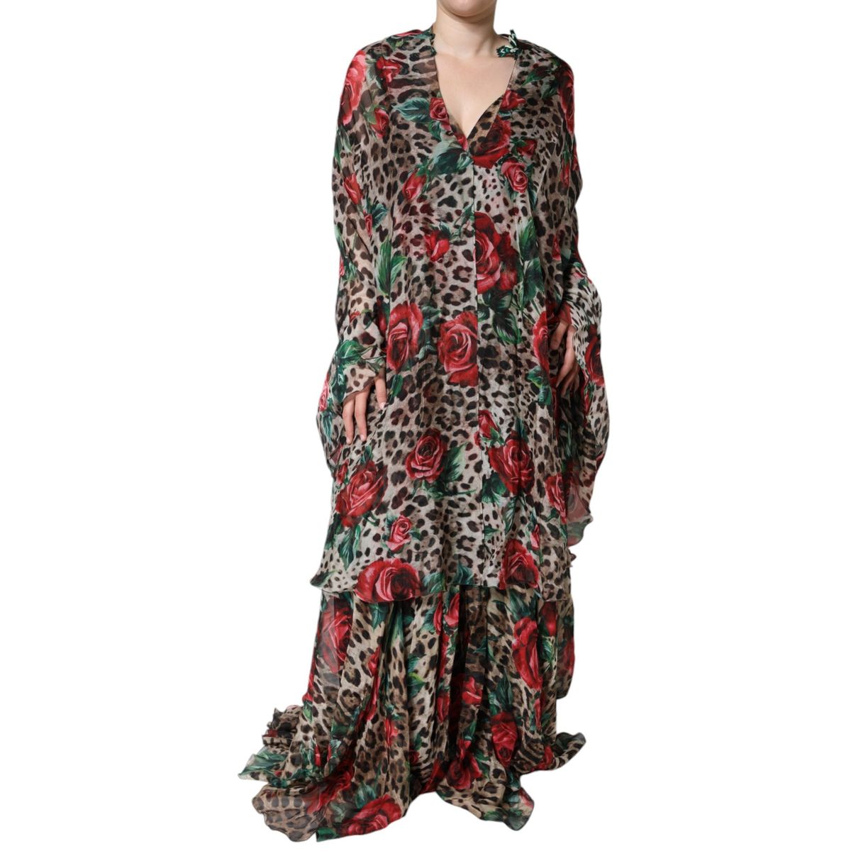 Dolce & Gabbana Brown Leopard Red Roses Silk Long Gown Dress