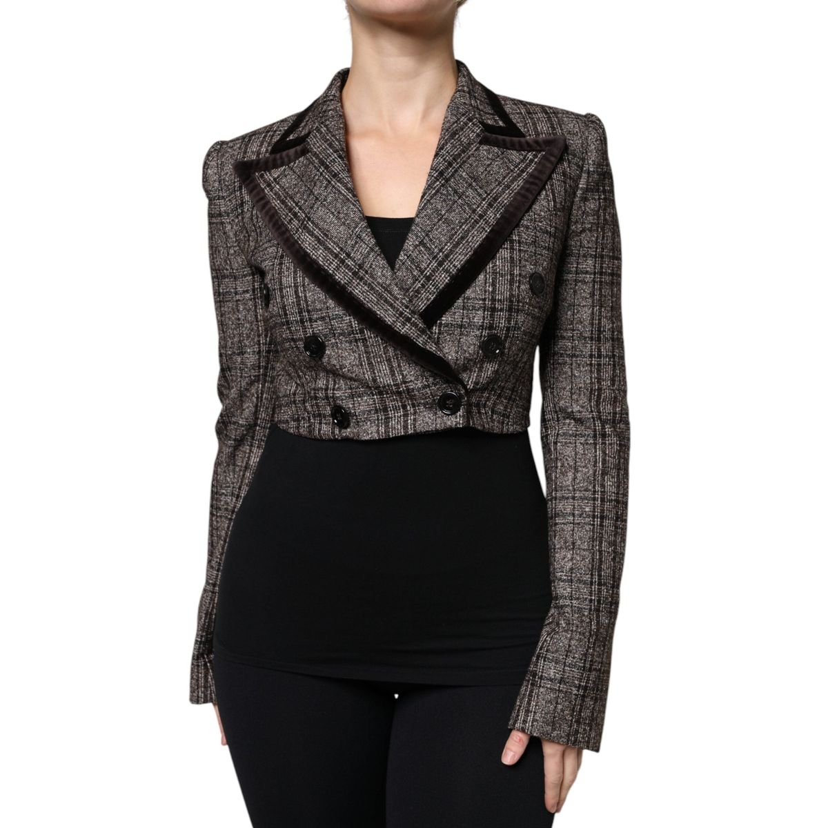 Dolce & Gabbana Brown Plaid Long Sleeve Cropped Coat Jacket