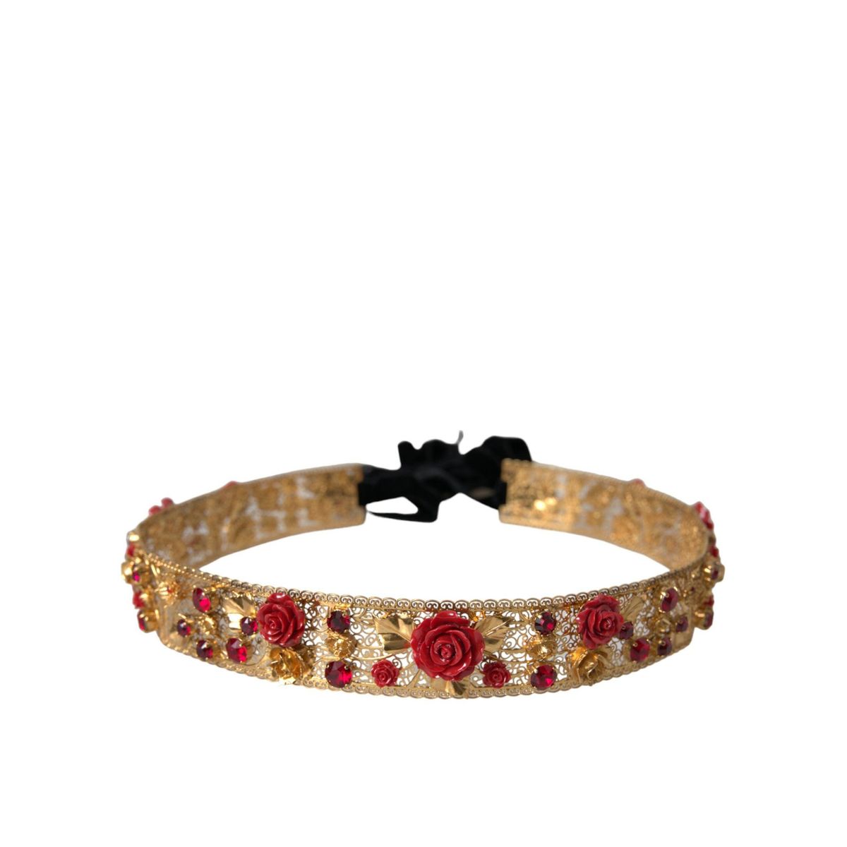 Dolce & Gabbana Gold Brass Red Roses Crystal Jewel Waist Belt