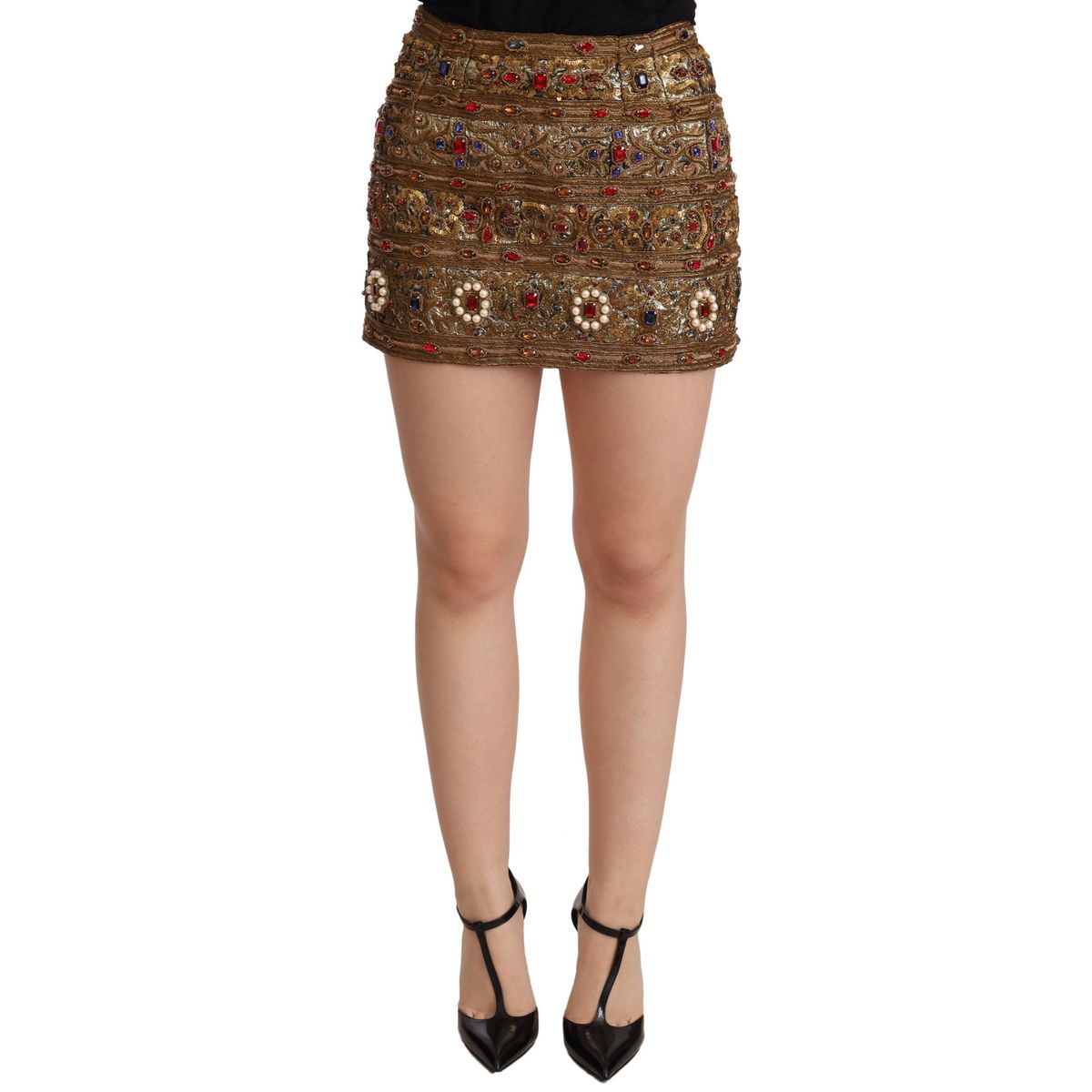 Dolce & Gabbana Gold Embellished High Waist Mini Skirt