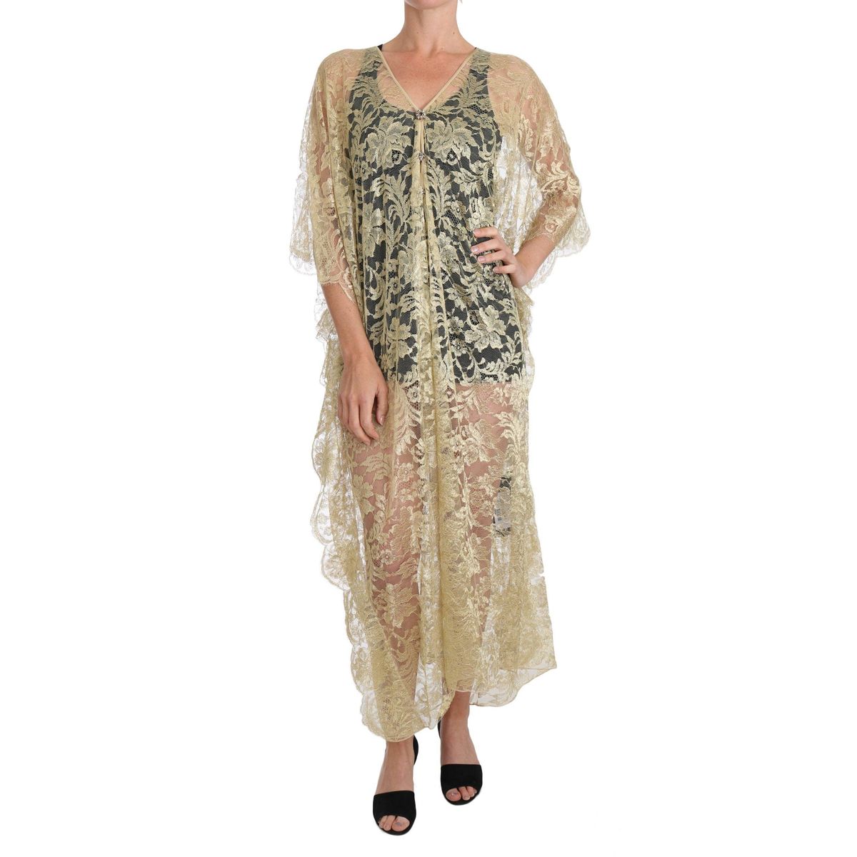 Dolce & Gabbana Golden Floral Lace Kaftan Sundress