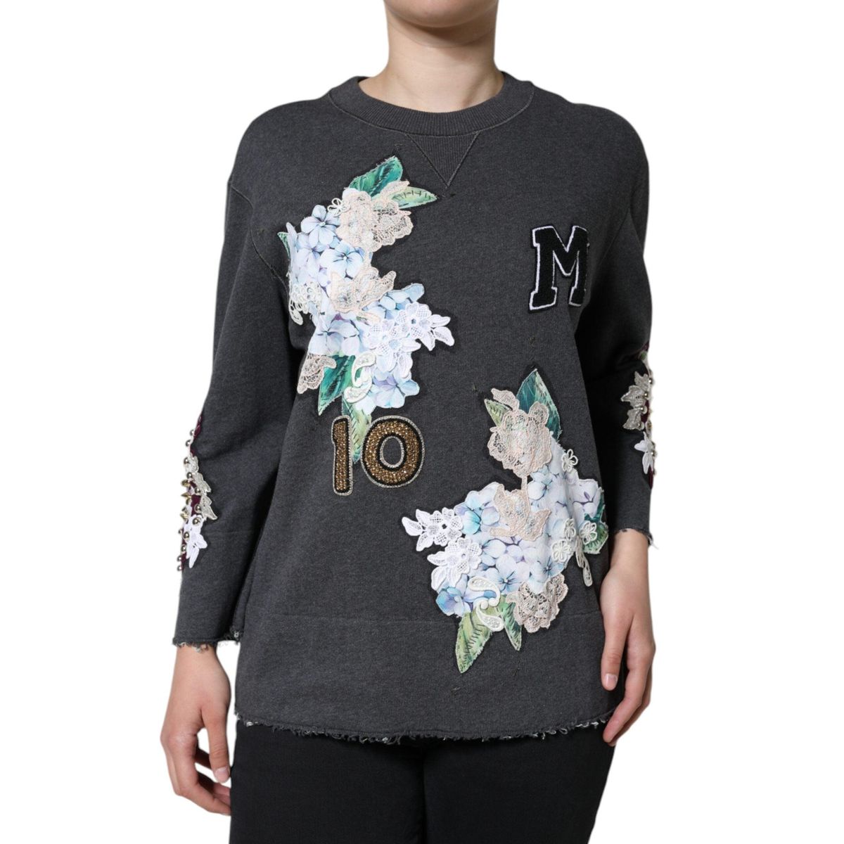 Dolce & Gabbana Gray Hydrangea CollegeStudded Floral Sweater