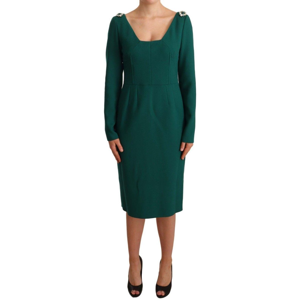 Dolce & Gabbana Emerald Green Midi Sheath Dress with Crystal Brooch