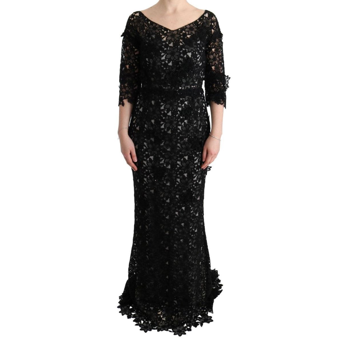 Dolce & Gabbana Elegant Black Maxi Shift Dress with Floral Applique