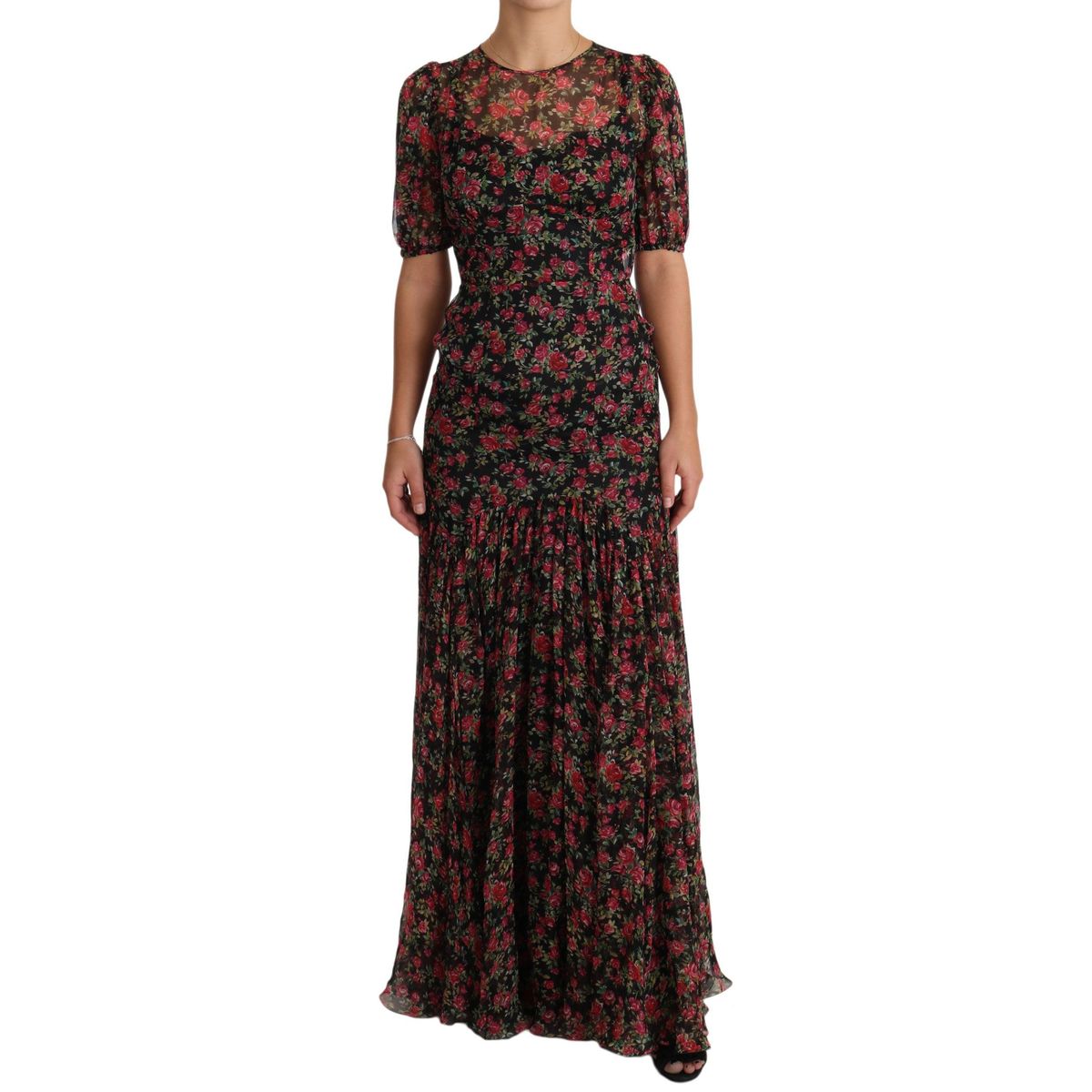 Dolce & Gabbana Elegant Black Silk Floral A-Line Gown