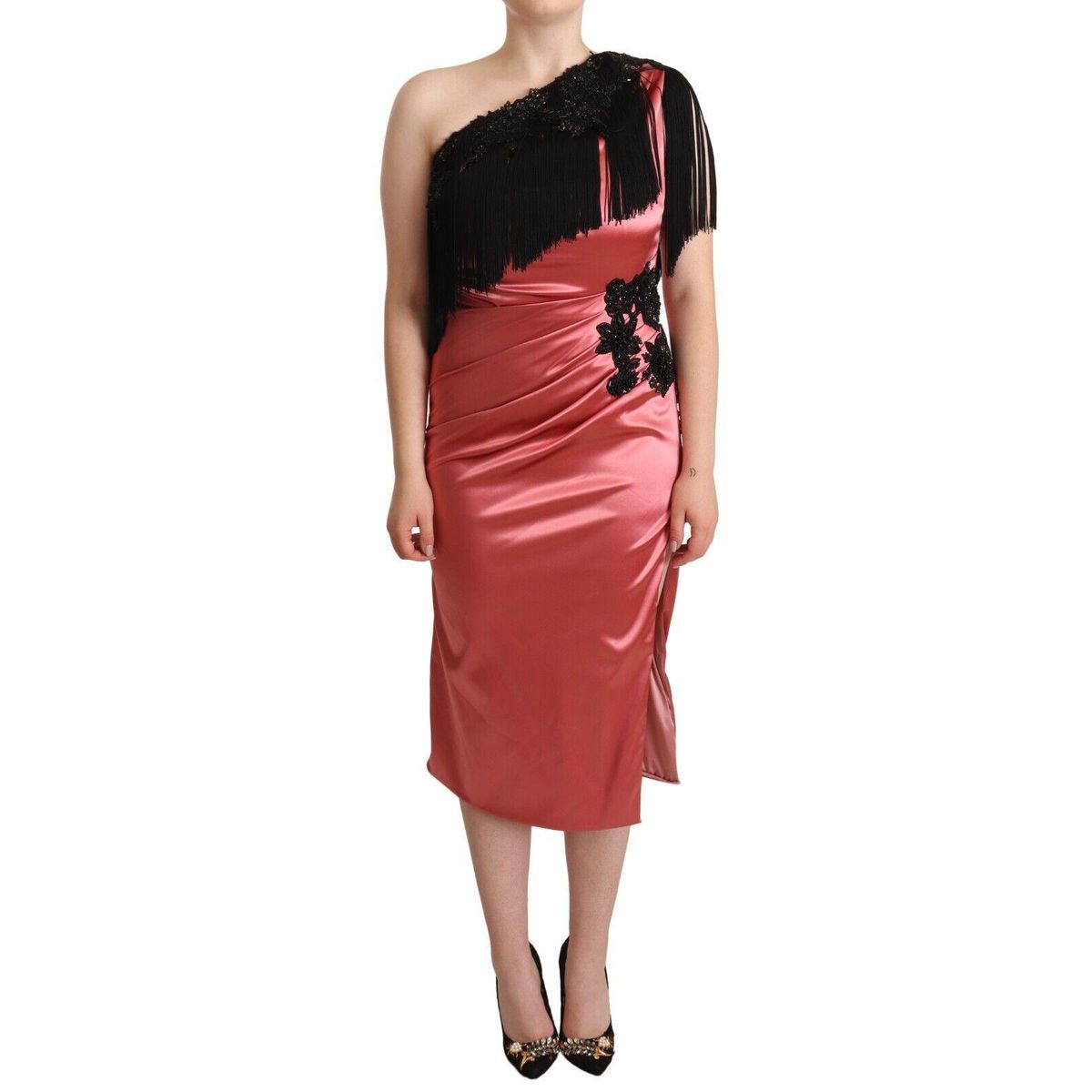 Dolce & Gabbana Elegant Pink Maxi Dress with Black Tassel Accent