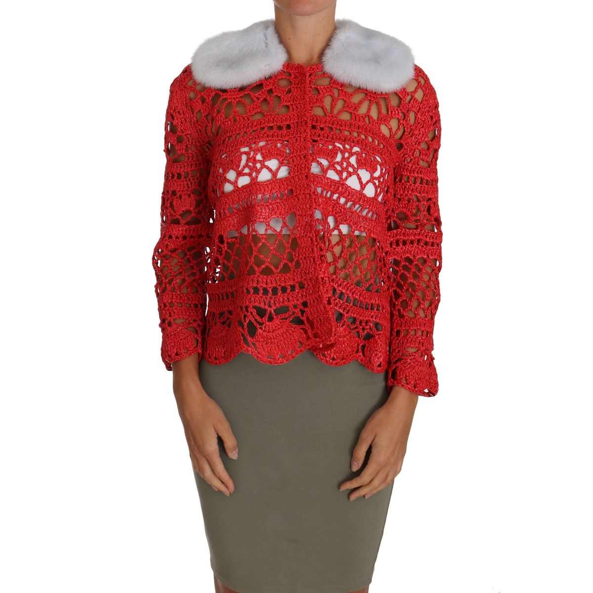 Dolce & Gabbana Elegant Red Crochet Knit Cardigan with Fur Collar