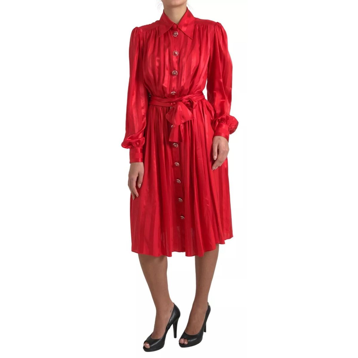 Dolce & Gabbana Elegant Red Silk Midi Dress with Button Detail