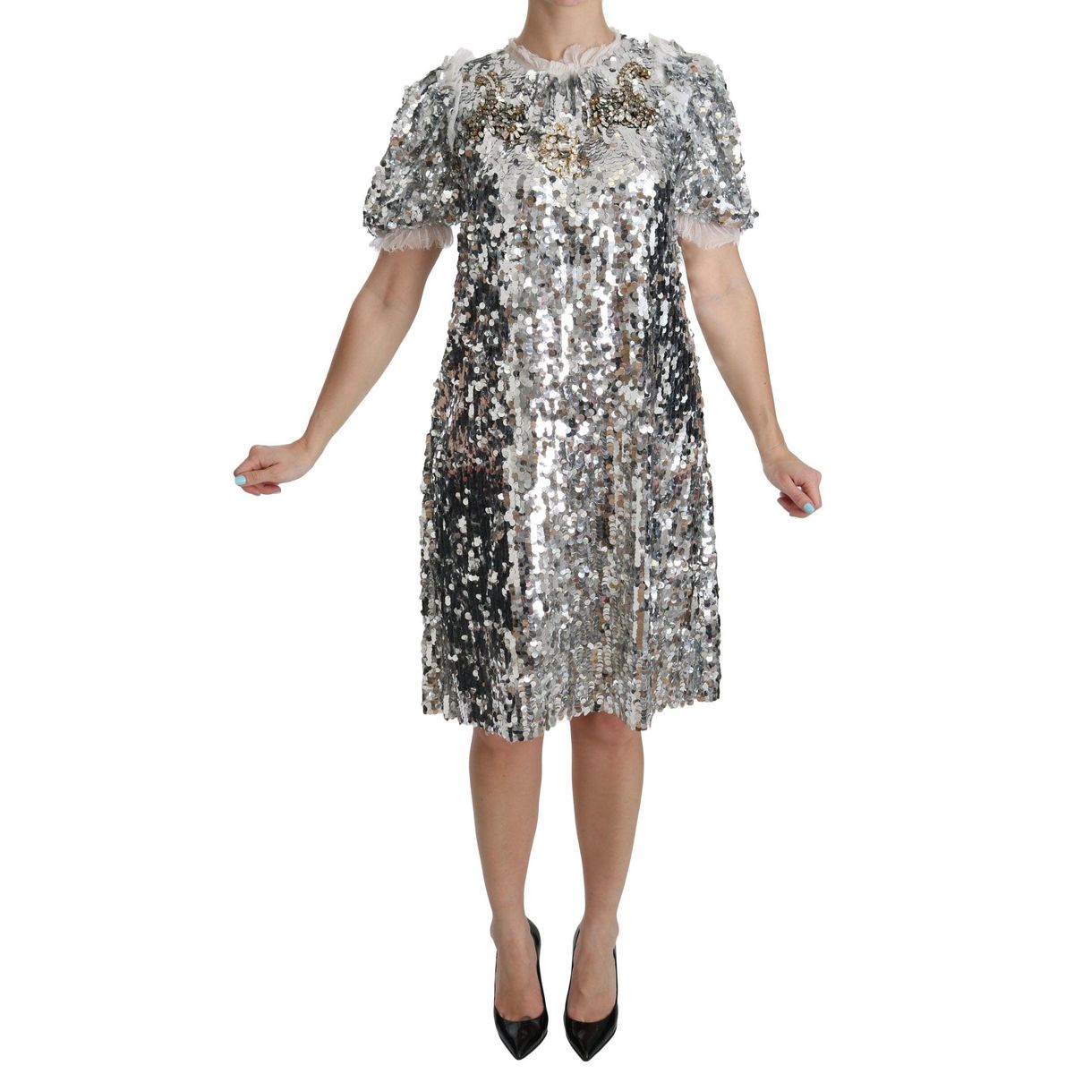 Dolce & Gabbana Elegant Silver A-Line Dress with Crystal Accents