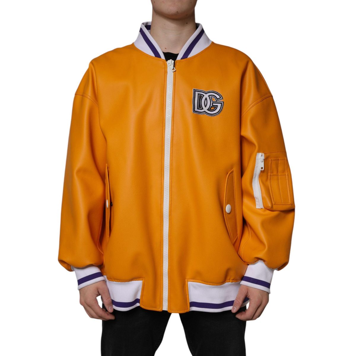 Dolce & Gabbana Orange White Full Zip Jersey Bomber Jacket