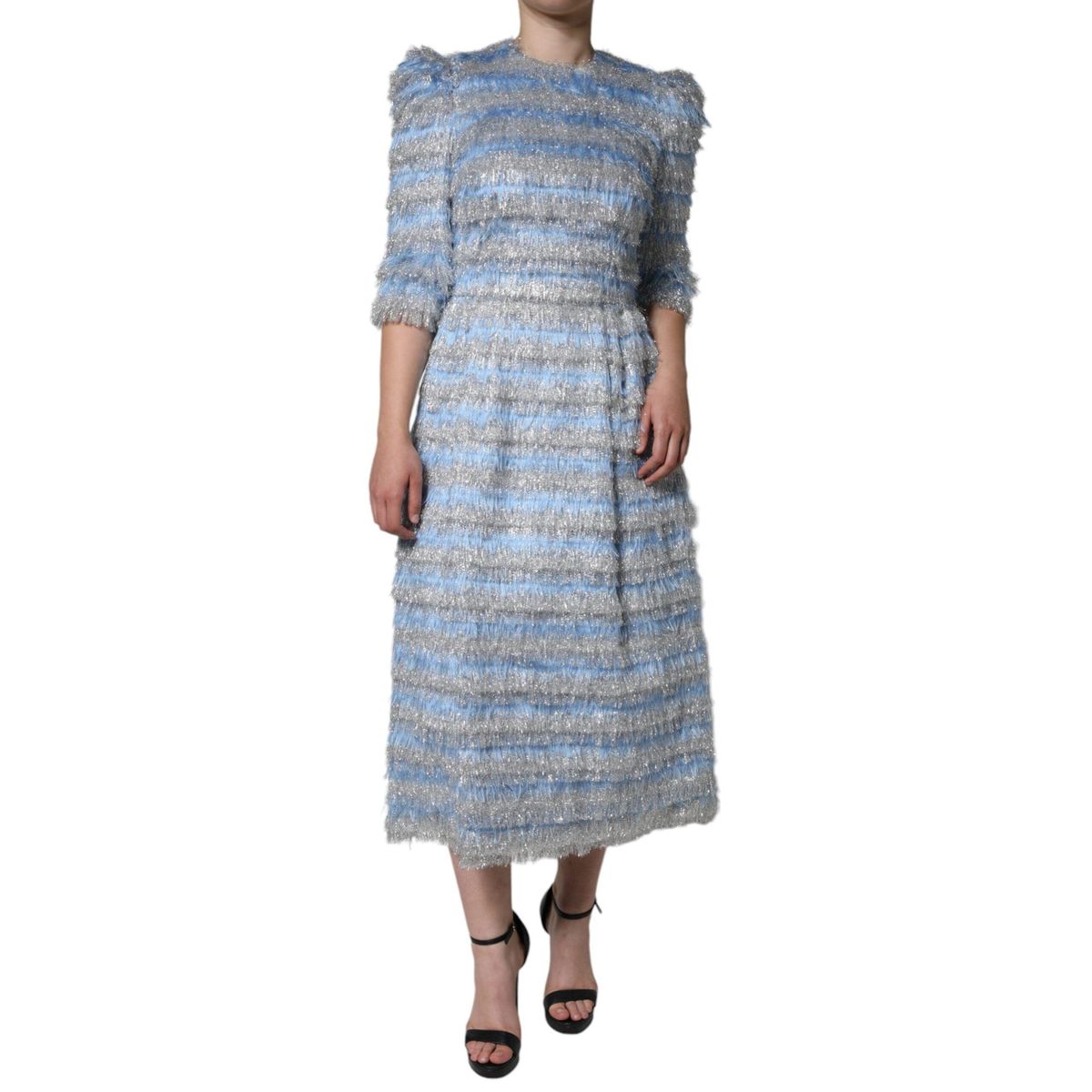 Dolce & Gabbana Light Blue Silver Jacquard A-line Midi Dress